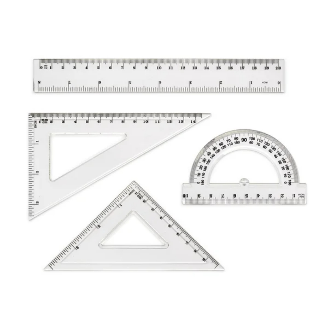 Set Geometria X 4 Piezas Escolar Acrilico Regla 20 cm Escuadra 13 cm y 9 cm